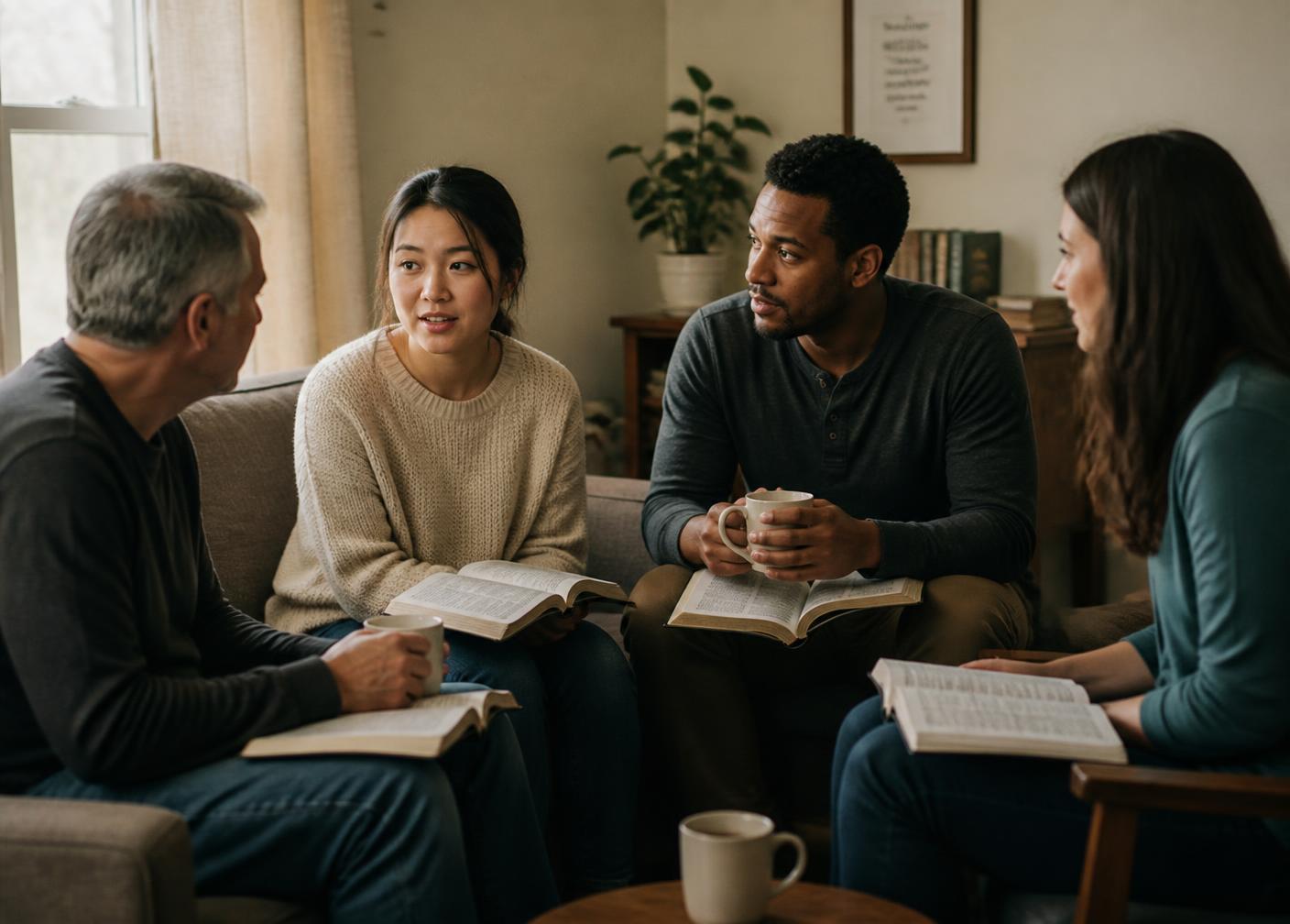A small group of adults talking together with open Bibles